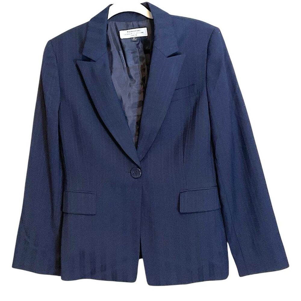 Tahari‎ Navy Blue Subtle Stripe Blazer Jacket Women's Sz 10P Pockets Career